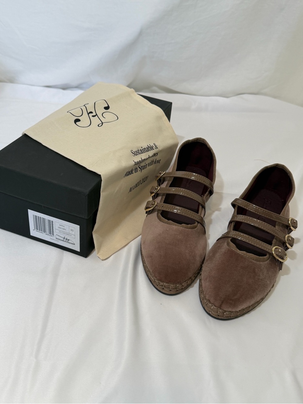Flabelus Mina Triple Strap Velvet Mary Jane Flats Brown EU 40 NIB Handmade Spain - Picture 14 of 17
